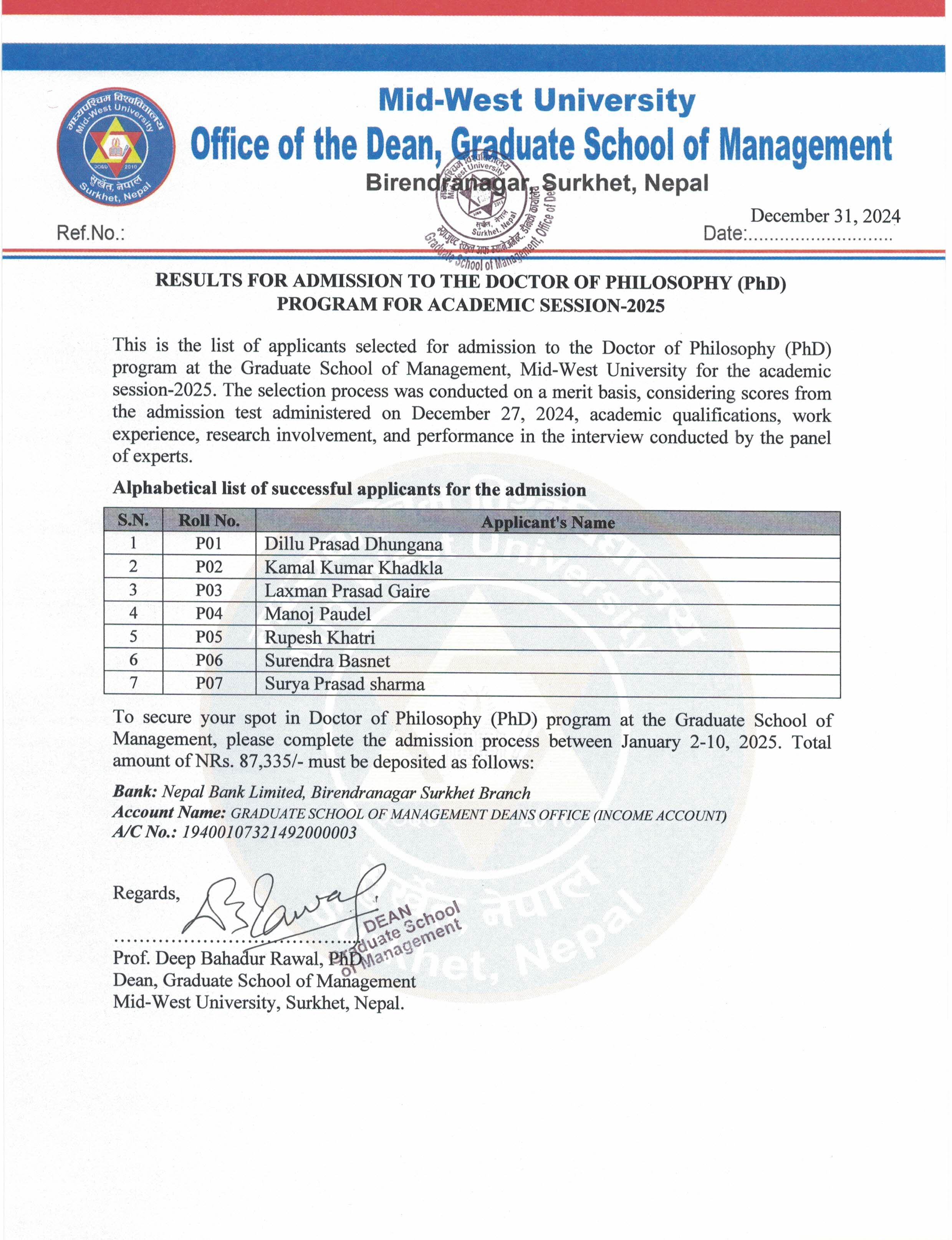 PhD Entrance Result-2025